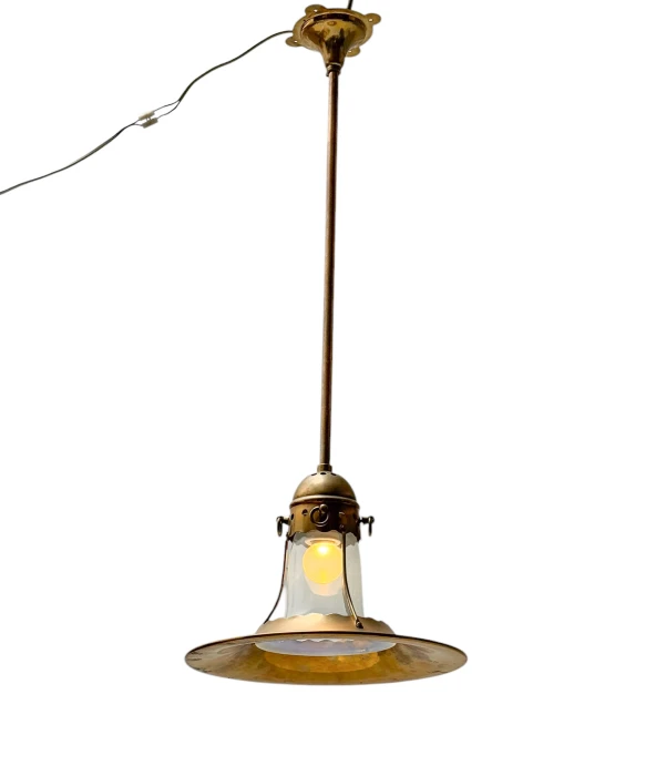 Arts & Crafts Brass Pendant with Glass Shade, 1900s